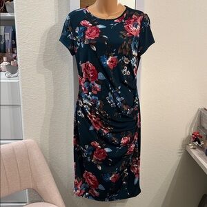 Floral Elegance Midi Dress in Teal and Red Maternity